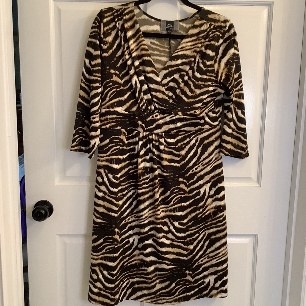 Women's Slinky Brand Dress L Black Brown Zebra Print